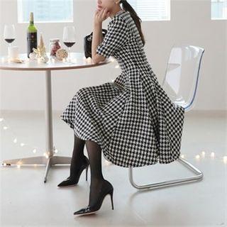 Round-neck Houndstooth Flared Dress