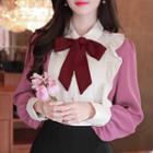 Tie-neck Contrast-panel Frilled Blouse Pink - One Size