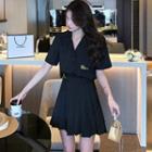 Set Of 2: Short-sleeve Lettering Top + High-waist Plain Pleated Skirt