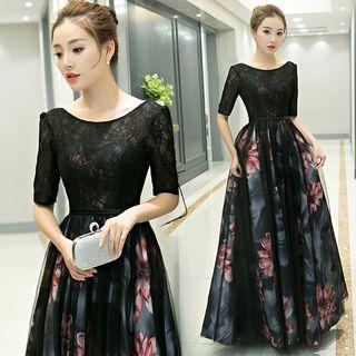 Elbow-sleeve Panel Floral Evening Gown