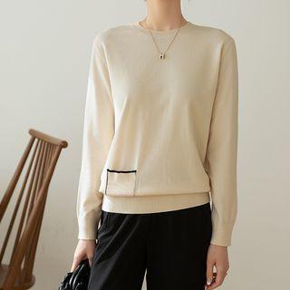 Patch-pocket Contrast-trim Knit Top