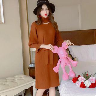 Tie-waist Long-sleeve Knit Dress With Scarf