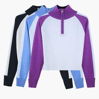 Two Tone Mock-neck Half-zip Knit Top