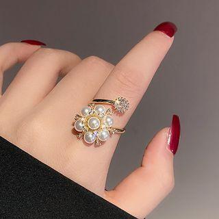 Rhinestone Faux Pearl Flower Open Ring Gold - One Size
