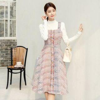 Fringe-trim Midi Tweed Overall Dress
