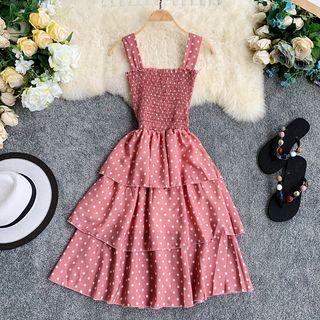 Dotted Sleeveless A-line Tiered Dress