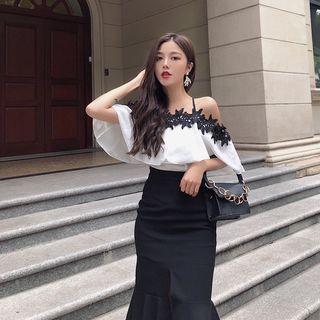 Elbow-sleeve Cold Shoulder Chiffon Top White - One Size
