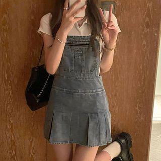 Denim Pleated Mini A-line Overall Dress