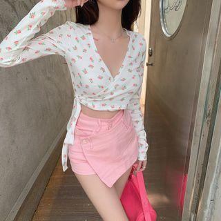 Floral Tie-strap Cropped T-shirt Pink Floral - White - One Size