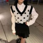 V-neck Two-tone Flower Vest / Puff-sleeve Blouse