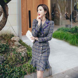 Long-sleeve Plaid Double Breasted Mini Mermaid Dress