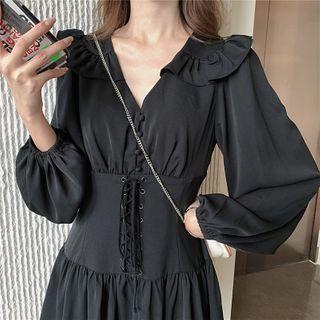 Plain V-neck Drawcord Long-sleeve Dress