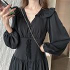 Plain V-neck Drawcord Long-sleeve Dress