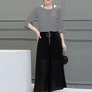 Set: 3/4-sleeve T-shirt + Wide Leg Cropped Pants
