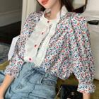 Puff-sleeve Floral Blouse Red & Blue & White - One Size