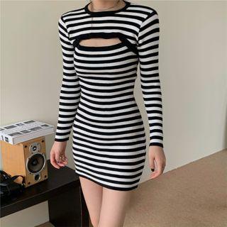 Set: Spaghetti Strap Ribbed Knit Dress + Cropped Knit Top