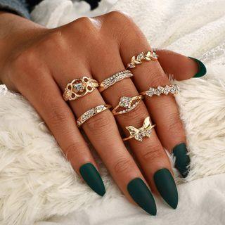 Set Of 7 : Butterfly & Leaf Rhinestone Alloy Ring (assorted Designs) 9073 - 7 Pcs - One Size