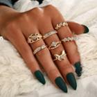 Set Of 7 : Butterfly & Leaf Rhinestone Alloy Ring (assorted Designs) 9073 - 7 Pcs - One Size