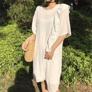 Flounced Elbow-sleeve Midi A-line Dress