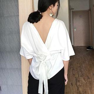 Elbow-sleeve Tie-back Top