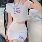 Set: Short-sleeve Lettering Crop Top + Mini Pencil Skirt