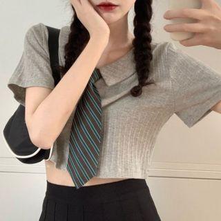 Polo Short-sleeve Plain Cropped T-shirt / High-waist Plain Pleated Skirt