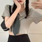 Polo Short-sleeve Plain Cropped T-shirt / High-waist Plain Pleated Skirt