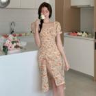 Short-sleeve Flower Print Side-slit Sheath Dress Flower Print - Light Yellow - One Size