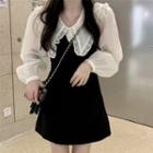 Long-sleeve Frill Trim Collar Mini A-line Dress Black - One Size