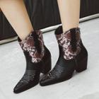Embroidered Chunky Heel Paneled Short Boots