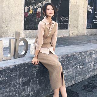 Set: V-neck Knit Vest + Plain Shirt + Midi Sheath Knit Dress