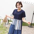 Short-sleeve Patchwork Dress Navy Blue - One Size