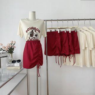 Set: Cartoon Print T-shirt + Drawstring Mini A-line Skirt Set Of 2 - T-shirt & Skirt - White & Red - One Size
