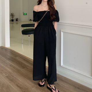 Off-shoulder Puff-sleeve Plain Shirred Pants Black - One Size