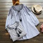 Long-sleeve Striped Embroidery Tasseled Blouse