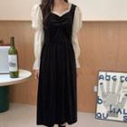Puff-sleeve Frill Trim Two-tone Velvet Dress