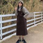 Mock-turtleneck Long-sleeve Striped T-shirt / Corduroy Midi Jumper Dress