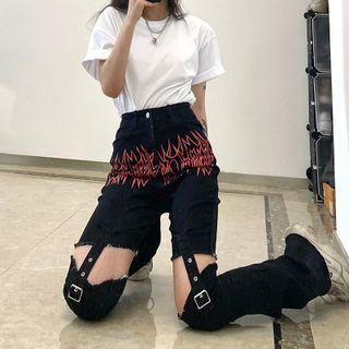 Flame Print Cut-out Straight-leg Jeans