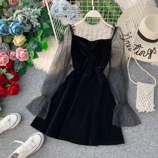 Mesh-sleeve Velvet Dress