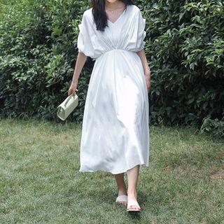 Elbow-sleeve Plain Midi Dress Milky White - One Size