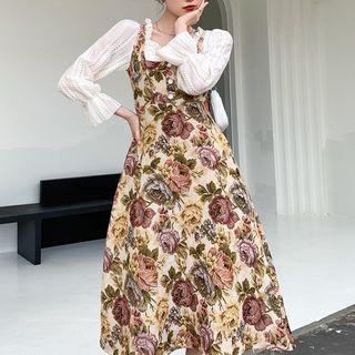 Mock Two-piece Lace Square-neck Floral A-line Dress