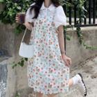 Puff-sleeve Collared Blouse / Floral Print A-line Overall Dress