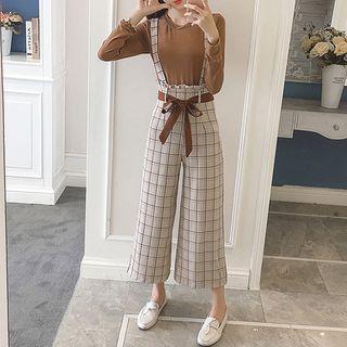 Set: Plain Long-sleeve T-shirt + Plaid Cropped Jumper Pants