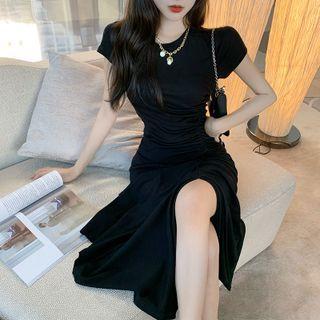 Short Sleeve Ruched Slit Maxi Dress
