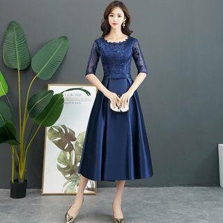 Embroidered Elbow-sleeve Midi A-line Cocktail Dress