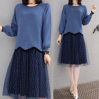 Set: Contrast Trim Sweater + Mesh A-line Skirt