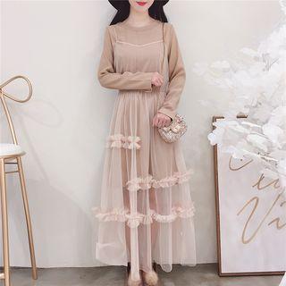 Set: Crew-neck Long-sleeve T-shirt Dress + Maxi Mesh Spaghetti Strap Dress