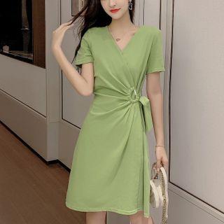 Short-sleeve Tie-waist Knit A-line Dress