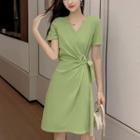 Short-sleeve Tie-waist Knit A-line Dress