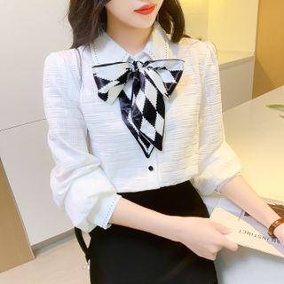 Puff-sleeve Argyle Print Tie-neck Blouse